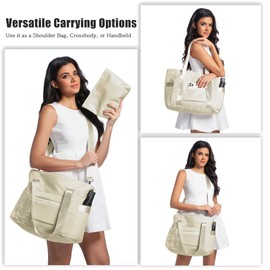 SKCOYH Large Tote Bags for Women with Zipper, Waterproof Work Bag with 15.6-Inch Compartment, Ideal for Nurse, Teacher, Travel, Gym, Beach, Yoga, School with Adjustable Strap (Beige)