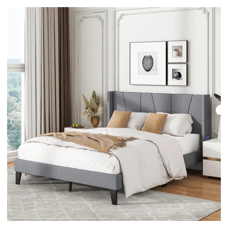 COSTWAY Queen Size Platform Bed Frame Heavy Duty w/Wingback Headboard