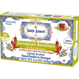 Santo Amaro - Authentic European Sardines in Olive Oil & Red Piri Piri Pepper, Hand-Packed Canned Sardines in Spicy Olive Oil, Wild Caught Portuguese Sardines, Lightly Smoked, 20g Protein, Pack of 3