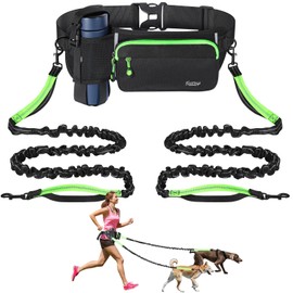 Tivray Hands Free Dog Leash with Waist Belt, Dog Lead Leashes with Dual Bungees for 2 Dogs Reflective Shock Absorbing Sturdy Dual Adjustable Dog Running Leash Belt for Outdoor Activities, Black+Green