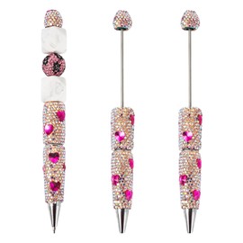 Beadthoven 2pcs Full Diamond Beadable Pens, Glitter Rhinestone Beaded Pens Fancy Cute Heart Gem Crystal Shaft Black Ink Ballpoint Pen for Office School Students Gifts Making DIY Supplies Fuchsia