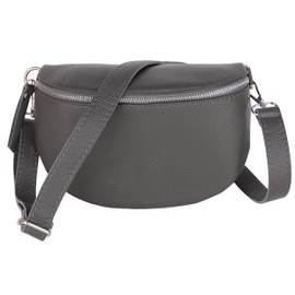 MIRROSI® Women's Bum Bag, Made in Italy, Genuine Leather Shoulder Bag, Chest Bag, Crossbody Bag Made of Genuine Leather, Available in 3 Sizes, Dark Grey (Silver Zipper)