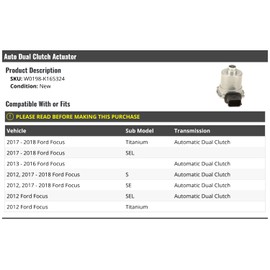 Marketplace Auto Parts Automatic Transmission Dual Clutch Actuator - Compatible with 2012-2018 Ford Focus (W0198-K165324)