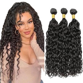 Tuheerst Real Hair Wefts Human Hair Bundles Natural Black Human Hair Extensions Real Hair Double Weft Water Wave Human Hair Extensions 3 Bundles Remy Hair for Woman 26 26 26 Inches