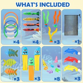 34P Diving Toy Children's Party Bag, Pool Diving Toy Set, Jellyfish + Dolphins + Circles + Ocean Gemstones + Herringbone + Seaweed + Fish Mines + Net Bags, for Outdoor Beaches Pool Party Gift