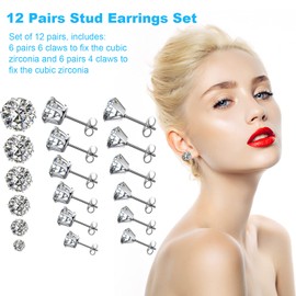 Stud Earrings, [6+6 Pairs] Stud Earrings for Women, Men, 3-8mm Cubic Zirconia Earrings Studs, 316L Stainless Steel Hypoallergenic Earrings Set, Silver