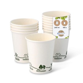 BIOZOYG Pack of 100 Coffee Cups Paper Cups 200 ml / 8 oz Diameter 80 mm White with Environmental Motif - Disposable Cups Plastic-Free - Cups from Sustainable Forestry - Coffee Cups Disposable