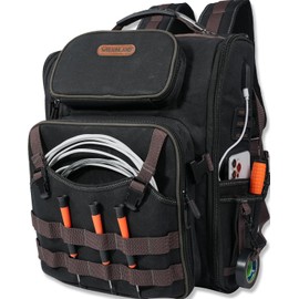 WELKINLAND 46-Pockets Electrician Backpack, Full-Open Tool Backpacks, Heavy Duty Tools Backpack, Waterproof Waxed-Canvas Tool Backpacks, HVAC, Mechanics Tools Bag