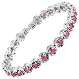 RIZILIA Tennis Bracelet [18cm/7inch] with Round Cut Gemstones CZ [Red Ruby] in 18K White Gold Plated, Simple Modern Elegance