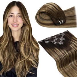 LaaVoo 22 Inch Hair Extensions Clip in Human Hair Balayage Brown Fading to Caramel Blonde Clip in Hair Extensions Human Hair Blonde Ombre Clip in Hair Extensions For Women Long 7pcs/120g
