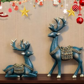 Reindeer Statue - Tabletop Resin Reindeer Figurines for Christmas - 2X Christmas Sitting Standing Deer Ornaments, Christmas Elk Statues for Shelf, Cabinet, Table, Tabletop