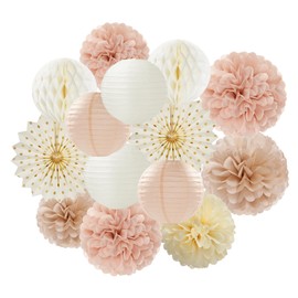 Champagne-Gold Beige-Peach Boho Party-Decorations Streamers - 14pcs Fall Neutral Baby Shower Rustic Bohemian Wedding Paper Honeycomb Lanterns Fan,Birthday Bachelorette Bridal Decor Lasting Surprise