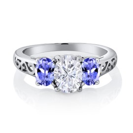 Gem Stone King 925 Sterling Silver White Moissanite and Blue Tanzanite Filigree Style 3 Stone Ring for Women (2.40 Cttw, Oval 8X6MM and 6X4MM, Available in Size 5, 6, 7, 8, 9)