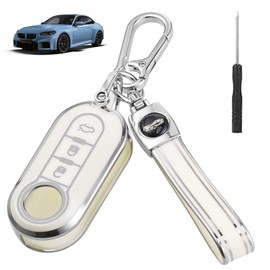 JIZZU TPU Car Key Cover Keychain Compatible with Fiat 500 500C 500L 500X Brava Bravo Doblo, Key Protection Cover Keychain with D-Ring, 3 Buttons Key Fob Case Keychain with TPU Lanyard(White)