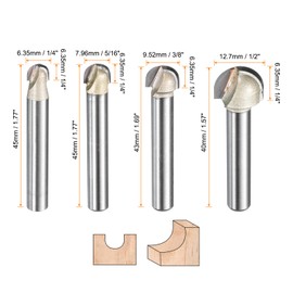 sourcing map 4 pcs Router Bit Core Box 1/2 Shank 5/16, 3/8, 1/4, 1/2 Inch Cutting Dia Round Nose Router Bit 1 Flutes Tungsten steel Cove Box Cutter