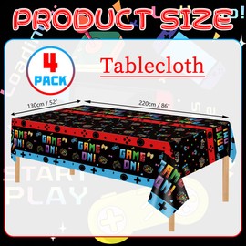 4 Pcs Video Game Tablecloth Gamer Birthday Party Decorations Table Cover Waterproof Rectangle Gaming Table Cloth for Boys Girls Game Level Up Party Supplies, 52 x 86 Inch