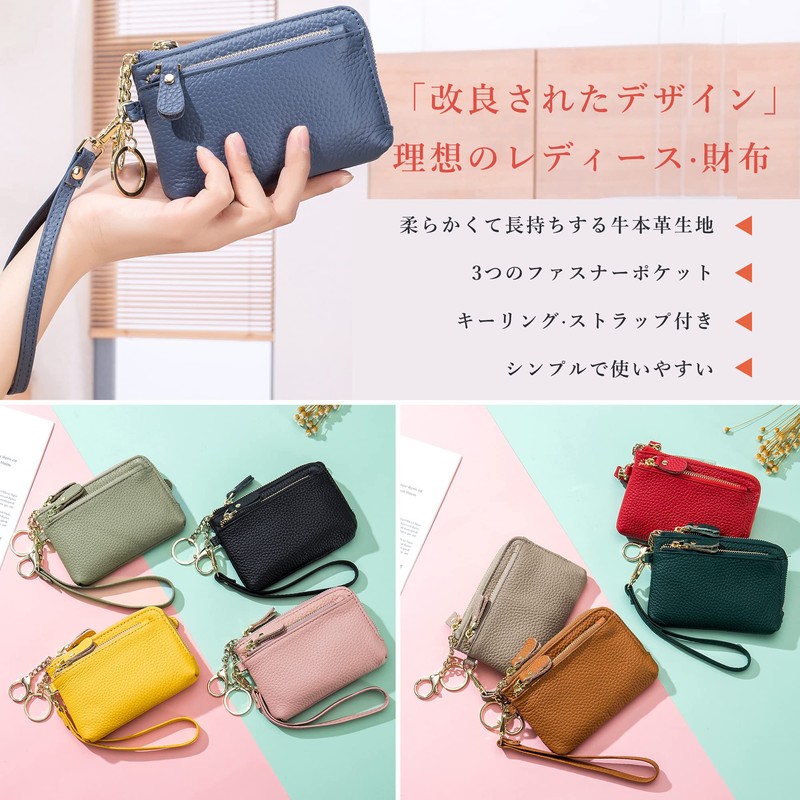 Bearneko Women's Mini Wallet, Coin Purse, Genuine Leather, L-Shaped Zipper,