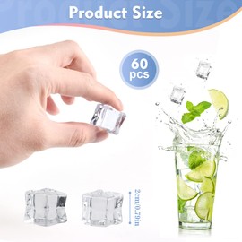 THATSRAD Pack of 60 Artificial Acrylic Ice Cubes, Reusable Permanent Ice Cubes, Clear, 20 mm, Plastic Ice Cubes, Reusable Ice Cubes, Plastic Party Ice Cubes for Photography, Props, Decoration