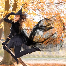 Hercicy Black Sheer Cap, Haunted Hooded Cape Witch Long Black Sheer Cape with Oversized Hood, Elf Cloak Wedding Tulle Robe for Women Adult Bride Vampire Costume Dress