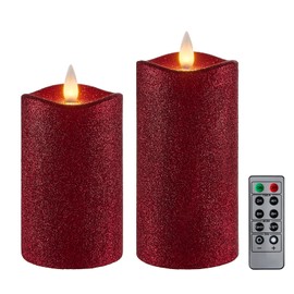 CozierGlow Flameless Pillar Candles Flickering with Remote Timer, Battery Operated LED 3D Moving Flame Real Wax Candles, Set of 2 (D3” x H5” & 6”), Glitter-Red.