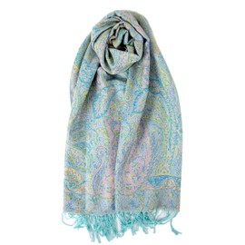 Achillea Soft Silky Reversible Paisley Pashmina Shawl Wrap Scarf w/Fringes (Tapestry Aqua)