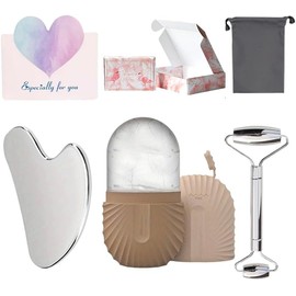 Herramientas de masaje facial: tabla y rodillo gua sha, soporte de hielo de silicona: reutilizable, bonita caja de regalo, no necesita electricidad, fácil de completar el cuidado facial(marrón)