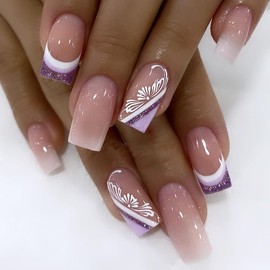 24 Pcs Press on Nails Medium Square Nude Ombre Fake Nails Press ons Purple Glitter French Nail Tips Full Cover False Nails with White Petals Designs Acrylic Nails Art Kit for Women Manicure Supplies