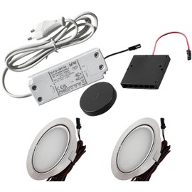 Set of 2 Super Flat LED Furniture Recessed Spotlights in Stainless Steel Look (3 W, 3000 K, 180 lm) with 12 V LED Transformer, Wireless Dimmer and Cable - Ideal for Kitchen, Cabinets and Furniture