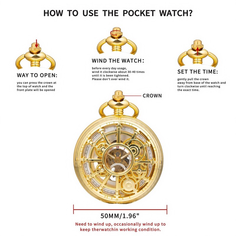 DerMacht Steampunk Gold Pocket Watch Skeleton Mechanical Gear Hand-Wind Roman