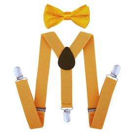 SUNTRADE Kids Clip-on Suspenders Elastic Y-Shape Adjustable with Clips and Bow Tie Set for Child Boys and Girls Party Dress (Gold)