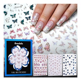 Beaolata Butterfly Nail Stickers for Nail Art - 3 Sheets 5D Embossed Duo Iridescent Gold-Edge Butterflies Leaf Plant Designs Self-Adhesive Nail Decals for Women Manicure Salon Nails Art Decoration