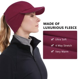 GADIEMKENSD Women's Winter Reflective Fleece Ponytail Hat with Drop Down Ear Warmer for Outdoor Activity Cap, weinrot