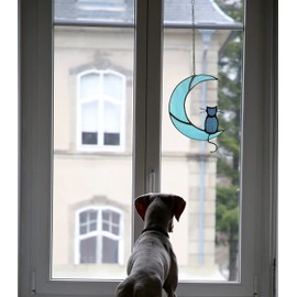 Black Cat On Bule Moon Stained Glass