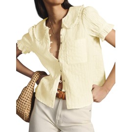 Tankaneo Womens Puff Sleeve Shirts Peter Pan Collar Button Down Cotton Blouse Casual Summer Textured Tops Beige