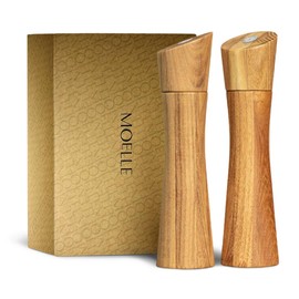 MOELLE Premium Wooden Salt and Pepper Grinder Set Danish Design Teak Wood Shakers, Refillable, Adjustable Coarseness, Ceramic Mechanism, 7.8 inch, In Beautiful Gift Box