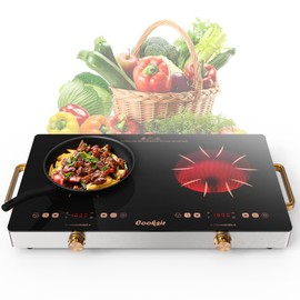 Cooksir 2 Burner Electric Cooktop - 24 Inch Portable Electric Stovetop 110V, 2000W Countertop Tow Burner Ceramic Cooktop with LCD Control Panel, Child Lock, Timer, Knob Control with Plug (Golden)