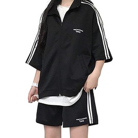 D.IIZOO Women's 2-Piece Track Suit, Short Sleeve Top and Bottom Set, Half Sleeves, Sweatshirt, Loose, Casual, Sports, Loungewear, Loose, Large Size, black (black 19-3911tcx), L