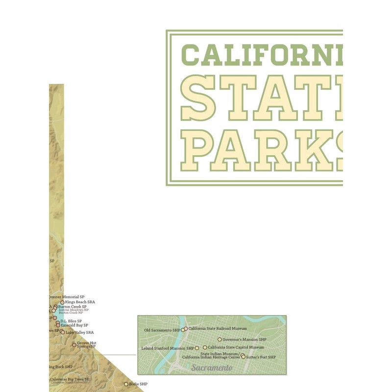 California State Parks Map 18x24 Poster (Green & White)