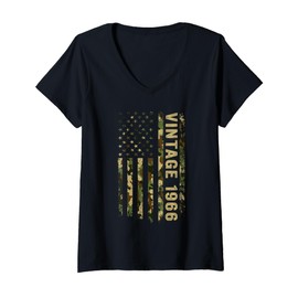 Womens Vintage 1966 American Flag 60th Birthday Gifts 60 Years Old V-Neck T-Shirt