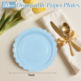 DHAIQC Pack of 50 Paper Plates, Blue, 18 cm, Wavy Party Plates, Paper Plates, Birthday Plates, Disposable Plates Set for Birthday, Weddings, Anniversaries (Blue, 18 cm)
