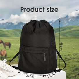 Sonicefit Waterproof Drawstring Gym Backpack, Durable Sports Sackpack with Water Bottle Holder & Side Pockets, Large Capacity Cinch Bag for Basketball Soccer Yoga Swimming Travel (Black, Large)