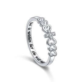 Alphm S925 Sterling Silver Christian Cross Heart Inspirational Faith Bible Verse Ring for Women Teen Jewelry