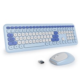 surmen Blue Keyboard and Mouse Wireless, Cute Wireless Typewriter, Full Size Slim Silent Keyboard Round Keys Aesthetic for Home and Office(Colorful Blue)