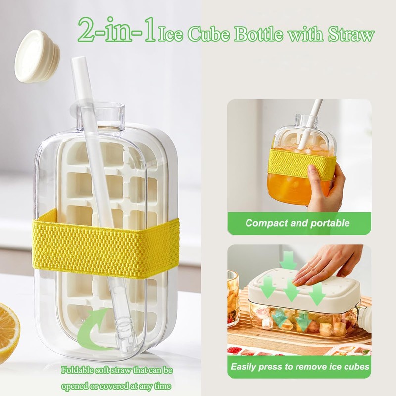 Ice Cube Bottle with Straw, Ice Cube Bottle, 2-in-1 Ice