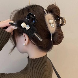 Hair Claw Fur Hair Clip, Large, Fall & Winter, Set of 2, Korean Style, Large Firm, Office, Hair Clip, Fringe, Pearl Beads, Hair Ornament, Long Hair Clip, Simple, Three-Dimensional, Hair Catch, For