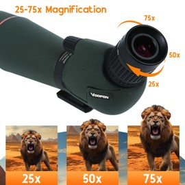 Voopon 25-75x80 HD Spotting Scope - BAK4 Prism Nitrogen-Filled with Phone Adapter, and Carrying Bag for Target Shooting, Hunting, Bird Watching, and Wildlife Viewing - Waterproof Frogproof Telescope