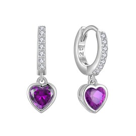 Starchenie Heart Dangle Drop Earrings 925 Sterling Silver 12mm Small Hoop Huigge Earrings 5mm Birthstones Earrings February Amethyst Gift for Women