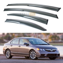 Fits for 2006-2011 8th Gen Honda Civic 4 Door Sedan JDM Mugen Style Chrome Trim Smoke Tinted Window Visors Rain Guards Deflectors