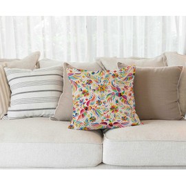 Mexican Floral Throw Pillow Cover Farmhouse Decorative Cotton Linen Pillow Cover Ethnic Art Birds and Paisley Flowers Square Cushion Covers Sofa Bed Décor 18X18 inch