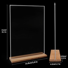 FayrVind 5 Pack A5 Acrylic Sign Holder with Wooden Base, T-shape Perspex Display Holder, Double Sided Clear Menu Poster, Wedding Table Number Stands, Tabletop Sign Holder for Retailer Vendor Booth